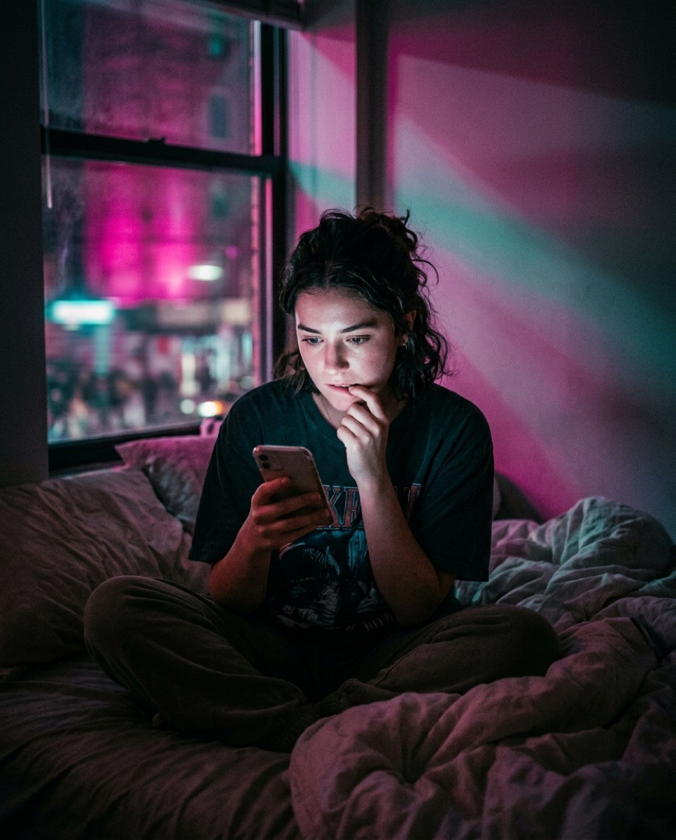 A woman on her bed at night, lit by her phone, deciding what to text back